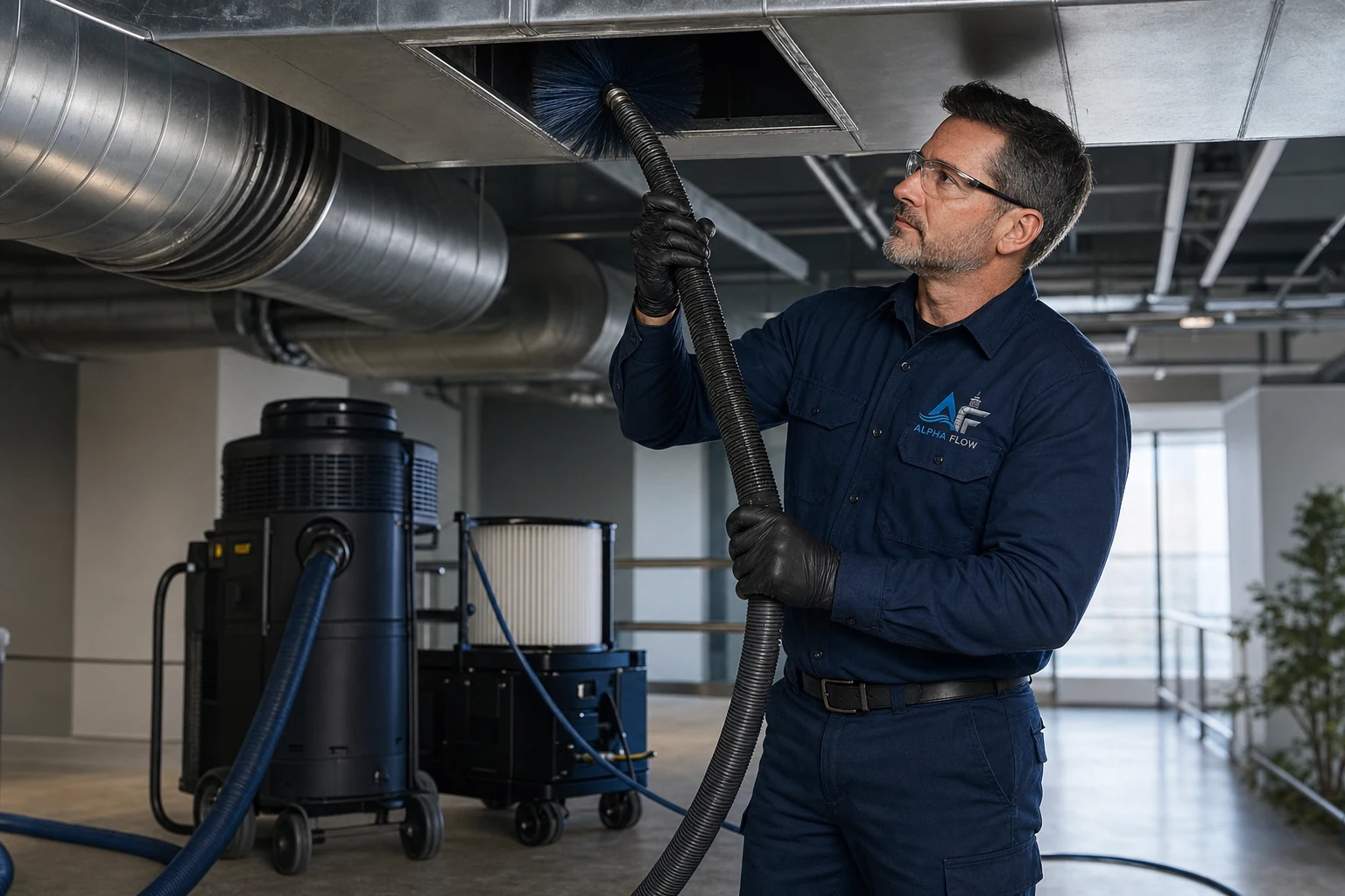 Alpha Flow senior air duct technician using professional negative-air cleaning equipment