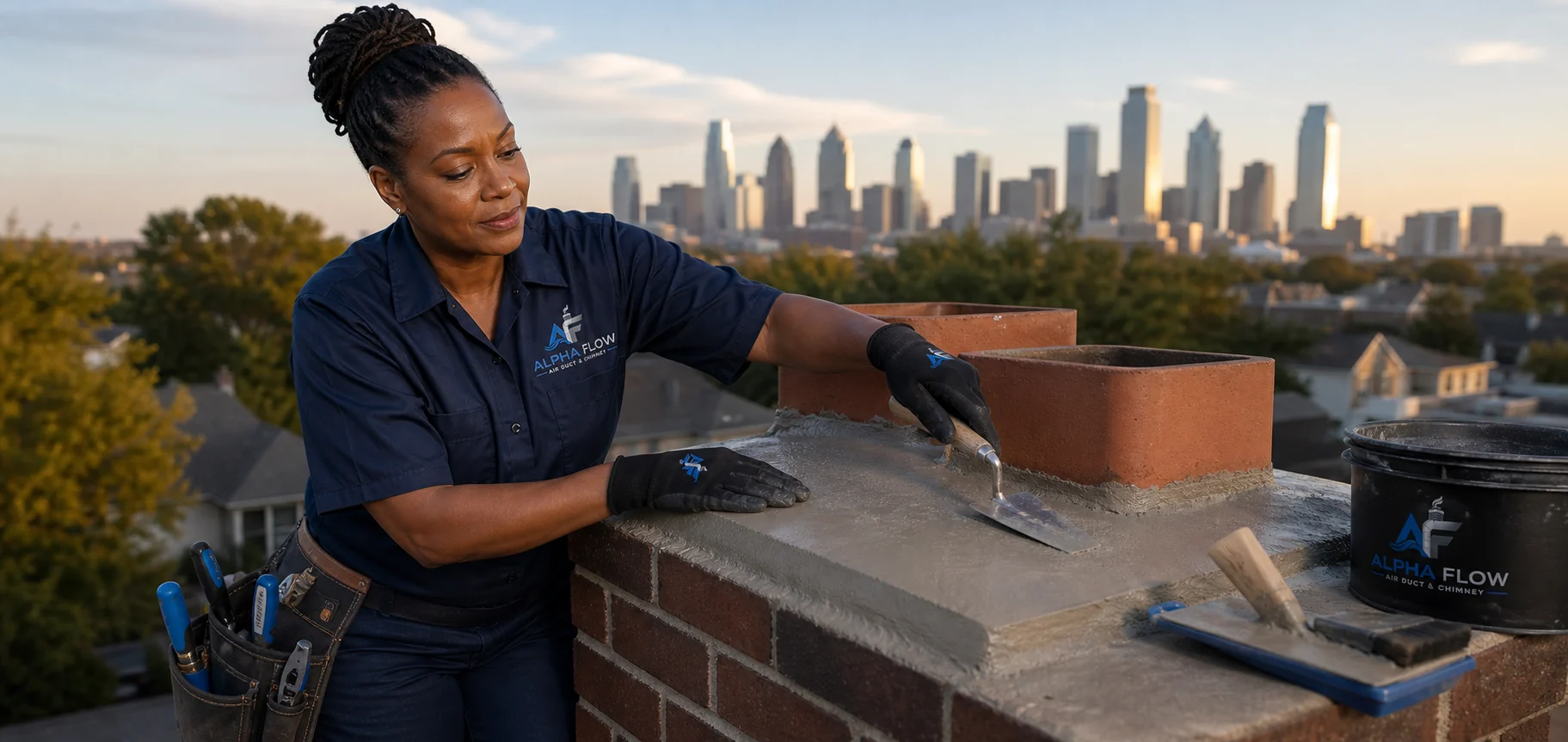 Alpha Flow technician reviewing a substantial exterior chimney project
