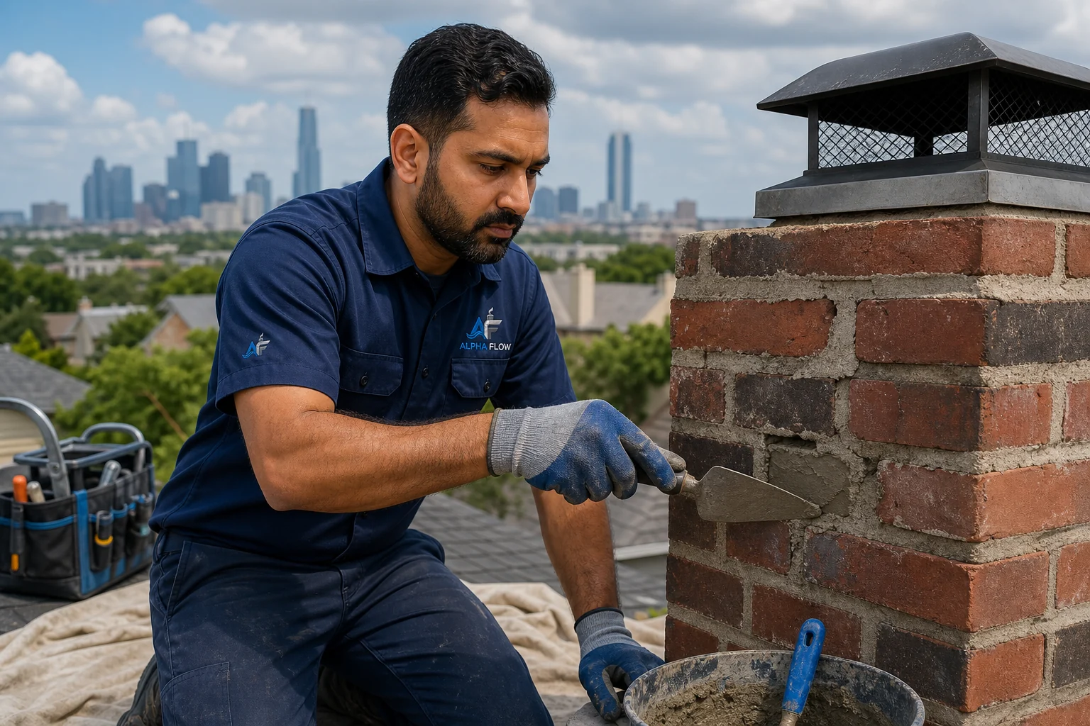 Alpha Flow masonry technician repairing a chimney